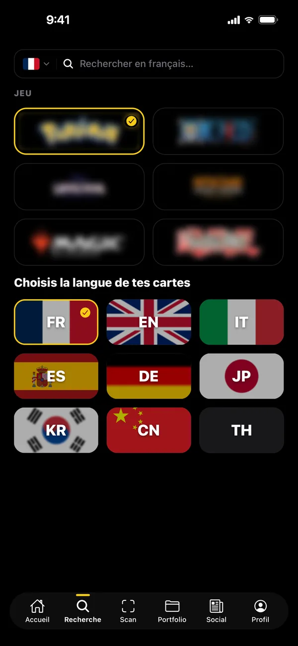 Choix du jeu et de la langue des cartes