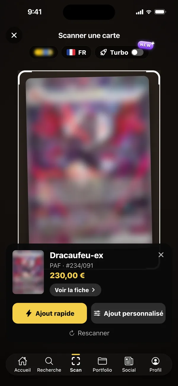 Carte reconnue par le scan photo, avec sa cote